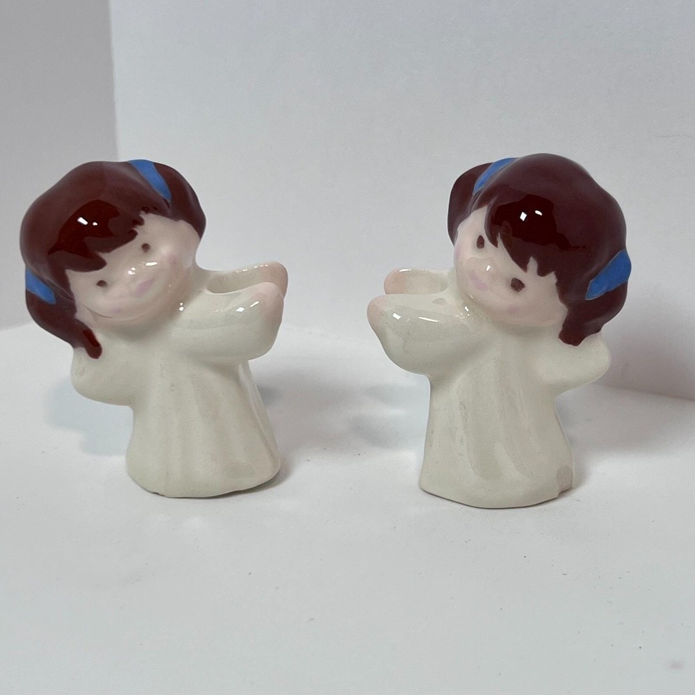 Vintage Angel Taper Candle Huggers Christmas Hand Painted Set of 2 Glossy
